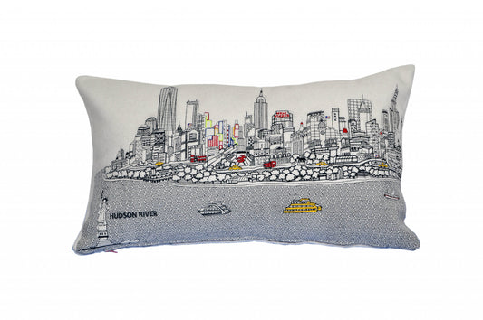 25" White NYC Daylight Skyline Lumbar Decorative Pillow