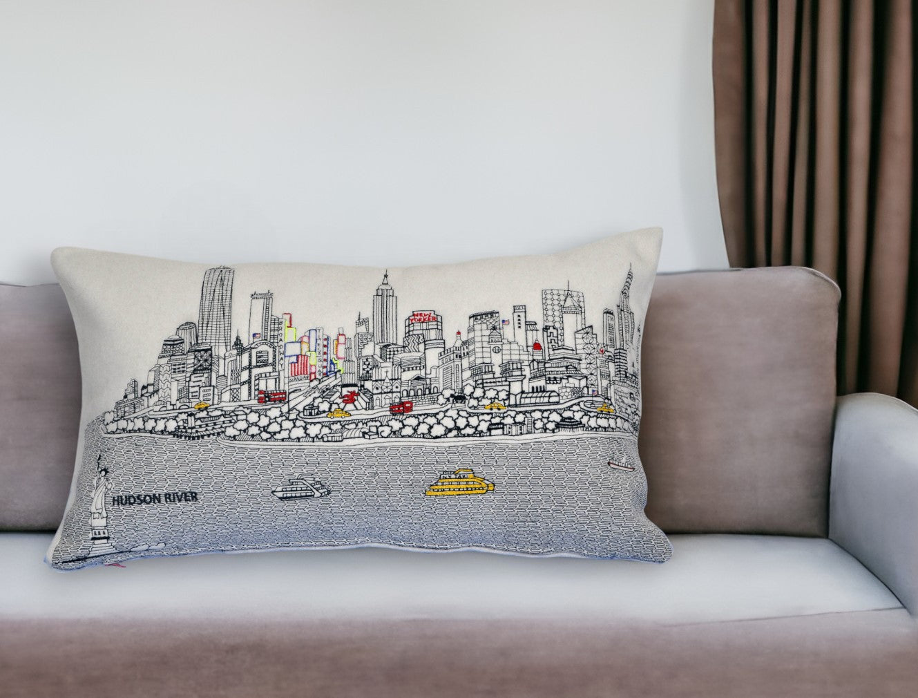 25" White NYC Daylight Skyline Lumbar Decorative Pillow