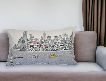 25" White NYC Daylight Skyline Lumbar Decorative Pillow