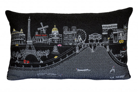 25" Black Paris Nighttime Skyline Standard Lumbar Decorative Pillow