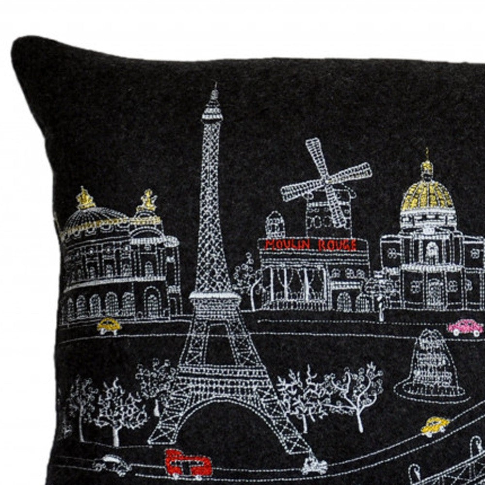 25" Black Paris Nighttime Skyline Standard Lumbar Decorative Pillow