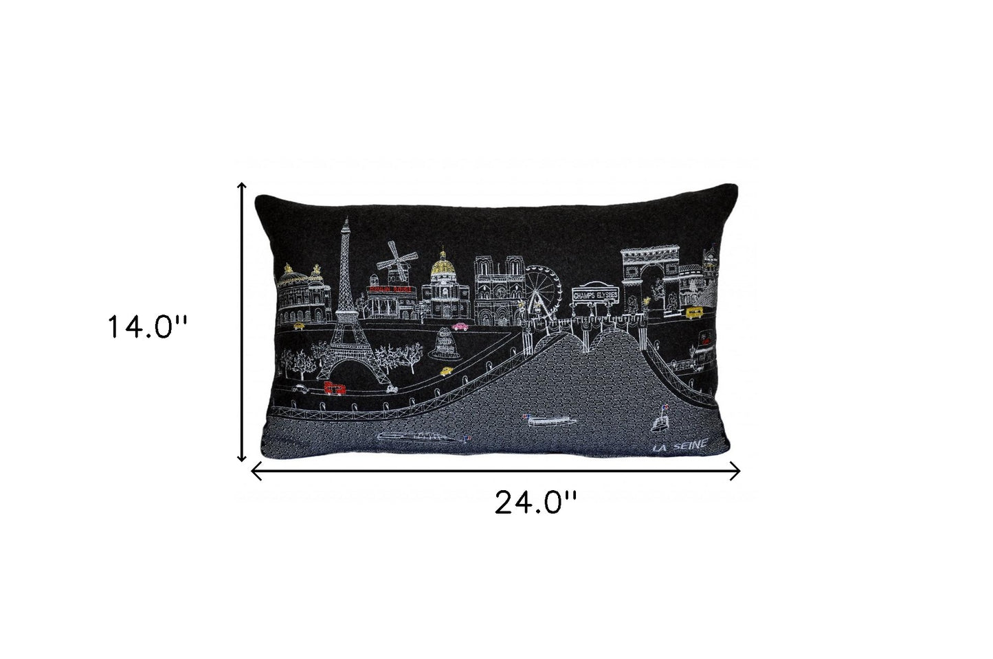 25" Black Paris Nighttime Skyline Standard Lumbar Decorative Pillow