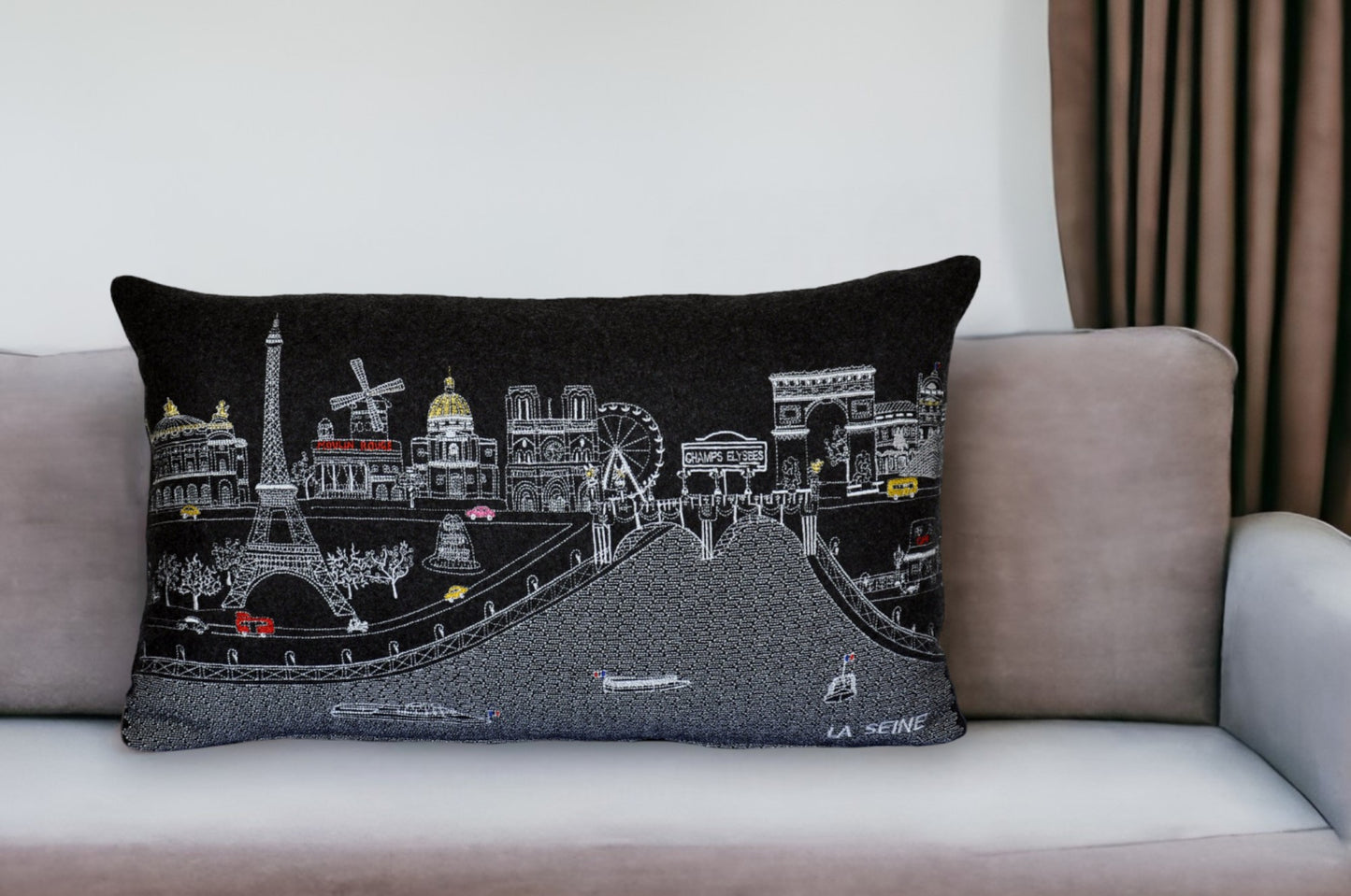 25" Black Paris Nighttime Skyline Standard Lumbar Decorative Pillow