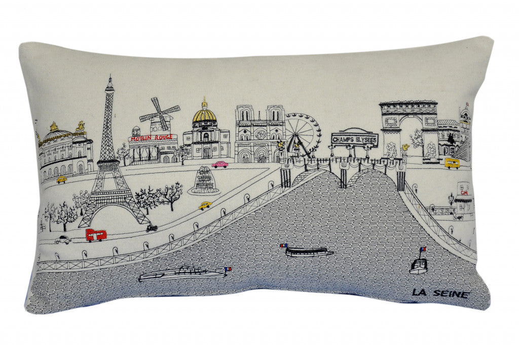 25" White Paris Daylight Skyline Lumbar Decorative Pillow