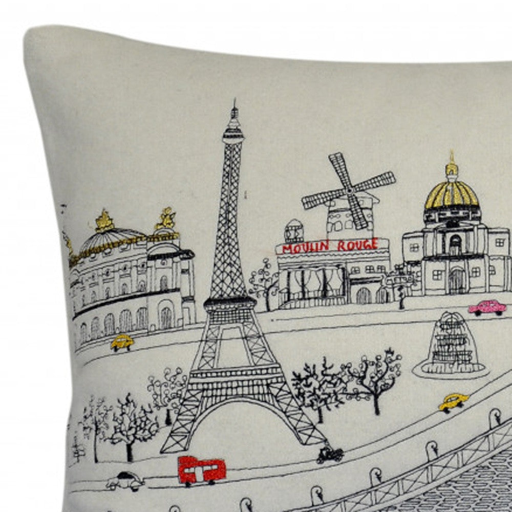 25" White Paris Daylight Skyline Lumbar Decorative Pillow