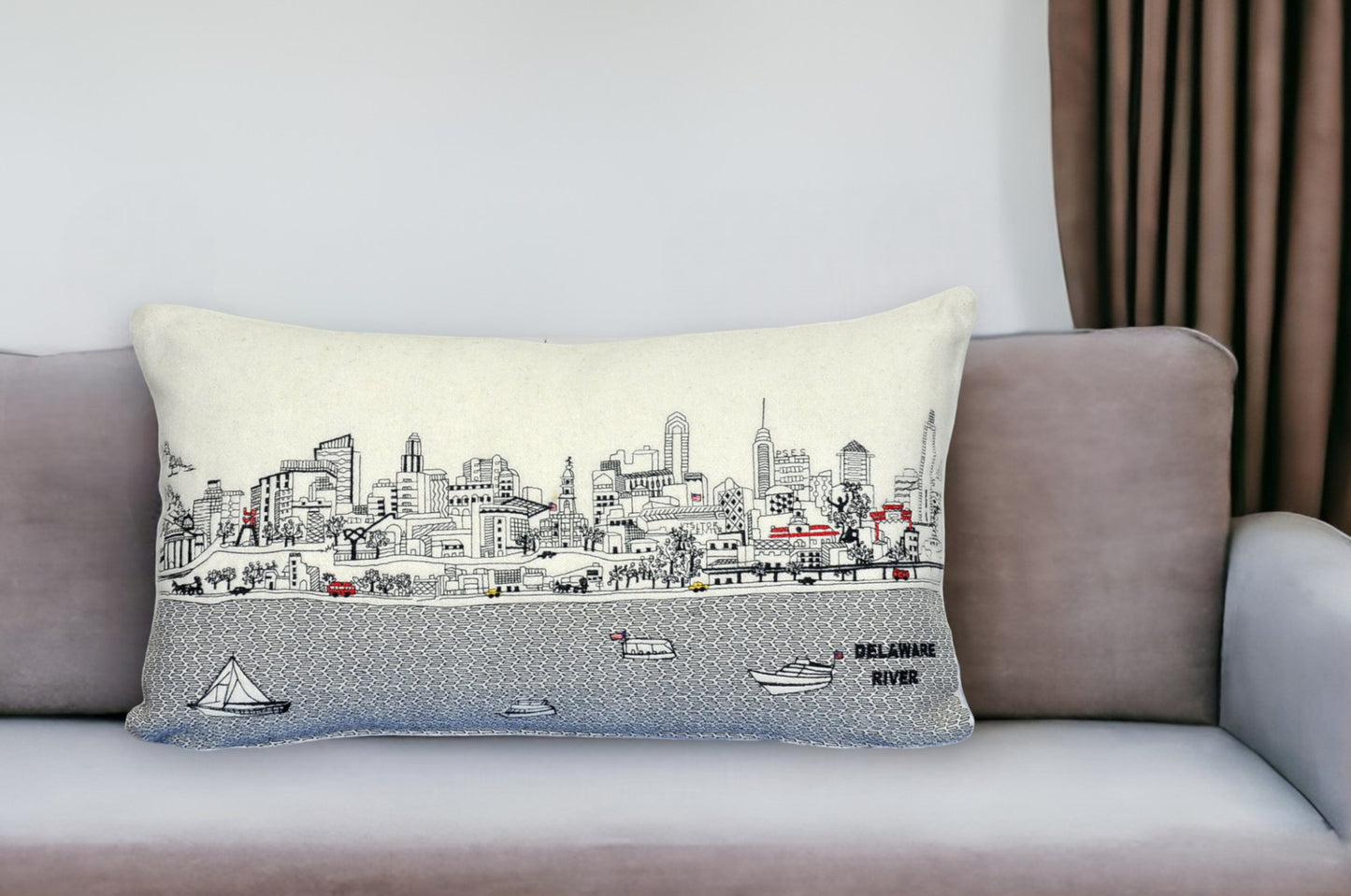 25" White Philadelphia Daylight Skyline Lumbar Decorative Pillow