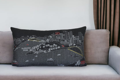 25" Black Pittsburgh Nighttime Skyline Lumbar Decorative Pillow