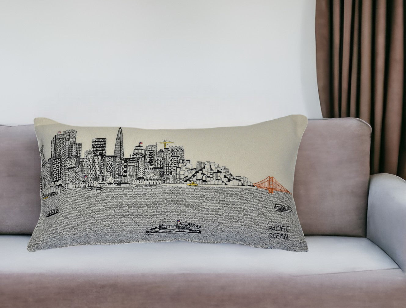 25" White San Francisco Daylight Skyline Lumbar Decorative Pillow