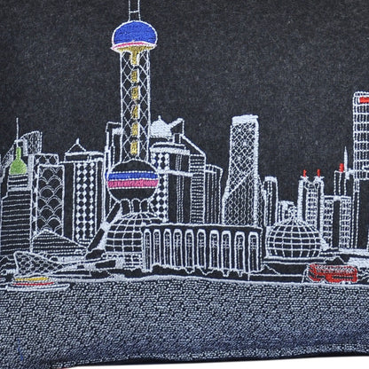 25" Black Shanghai  Nighttime Skyline Lumbar Decorative Pillow