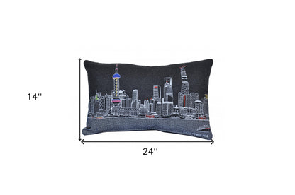 25" Black Shanghai  Nighttime Skyline Lumbar Decorative Pillow