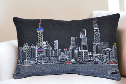 25" Black Shanghai  Nighttime Skyline Lumbar Decorative Pillow