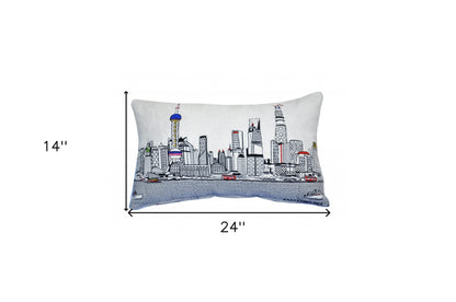 25" White Shanghai Daylight Skyline Lumbar Decorative Pillow