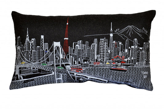 25" Black Tokyo Nighttime Skyline Lumbar Decorative Pillow