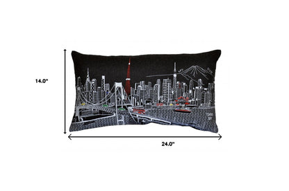 25" Black Tokyo Nighttime Skyline Lumbar Decorative Pillow