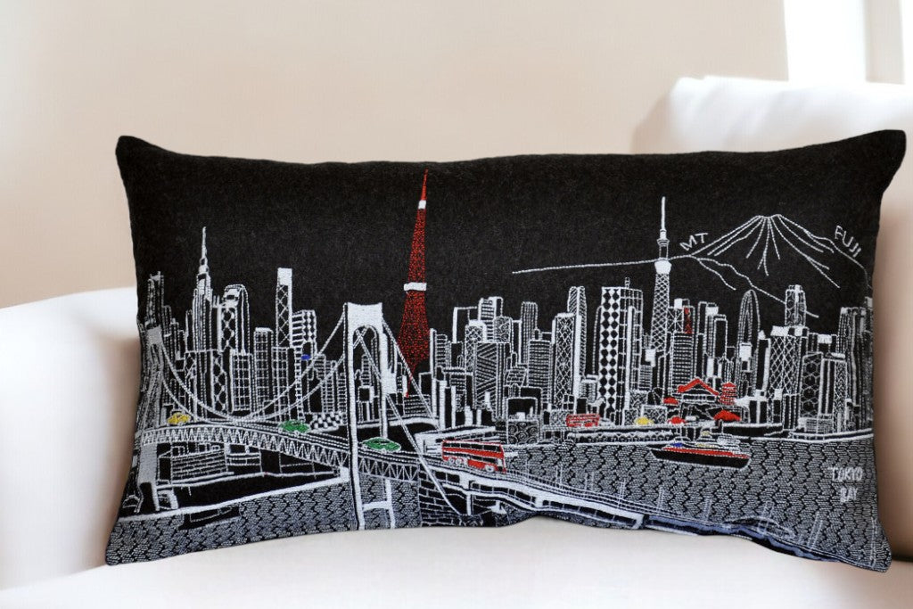 25" Black Tokyo Nighttime Skyline Lumbar Decorative Pillow