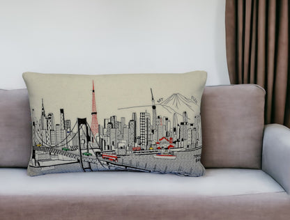 25" White Tokyo Daylight Skyline Lumbar Decorative Pillow