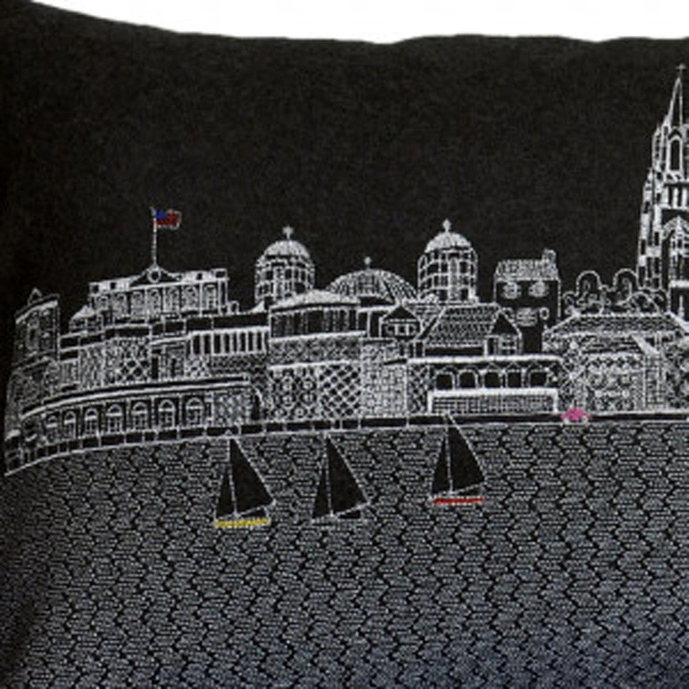 35" Black Charleston Nighttime Skyline Lumbar Decorative Pillow