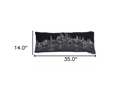 35" Black Frankfurt Nighttime Skyline Lumbar Decorative Pillow