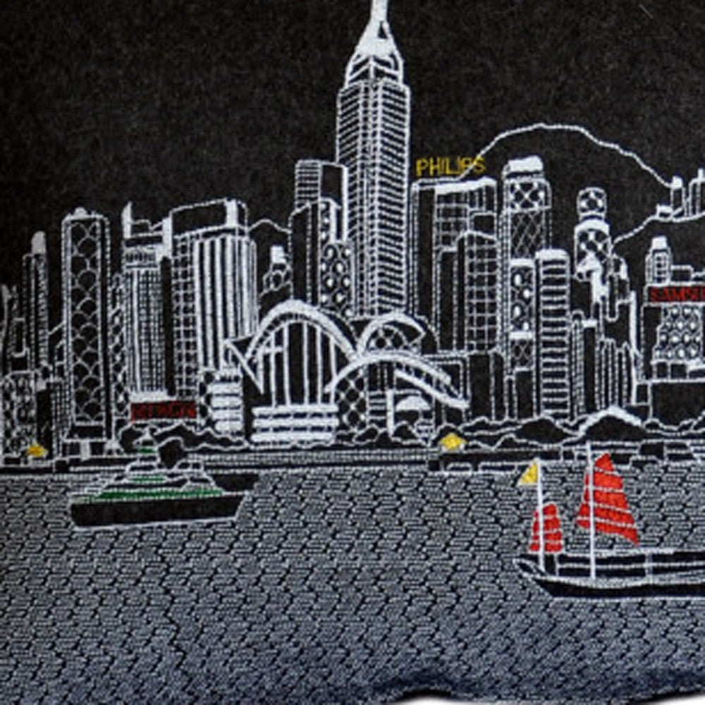 35" Black Hong Kong Nighttime Skyline Lumbar Decorative Pillow