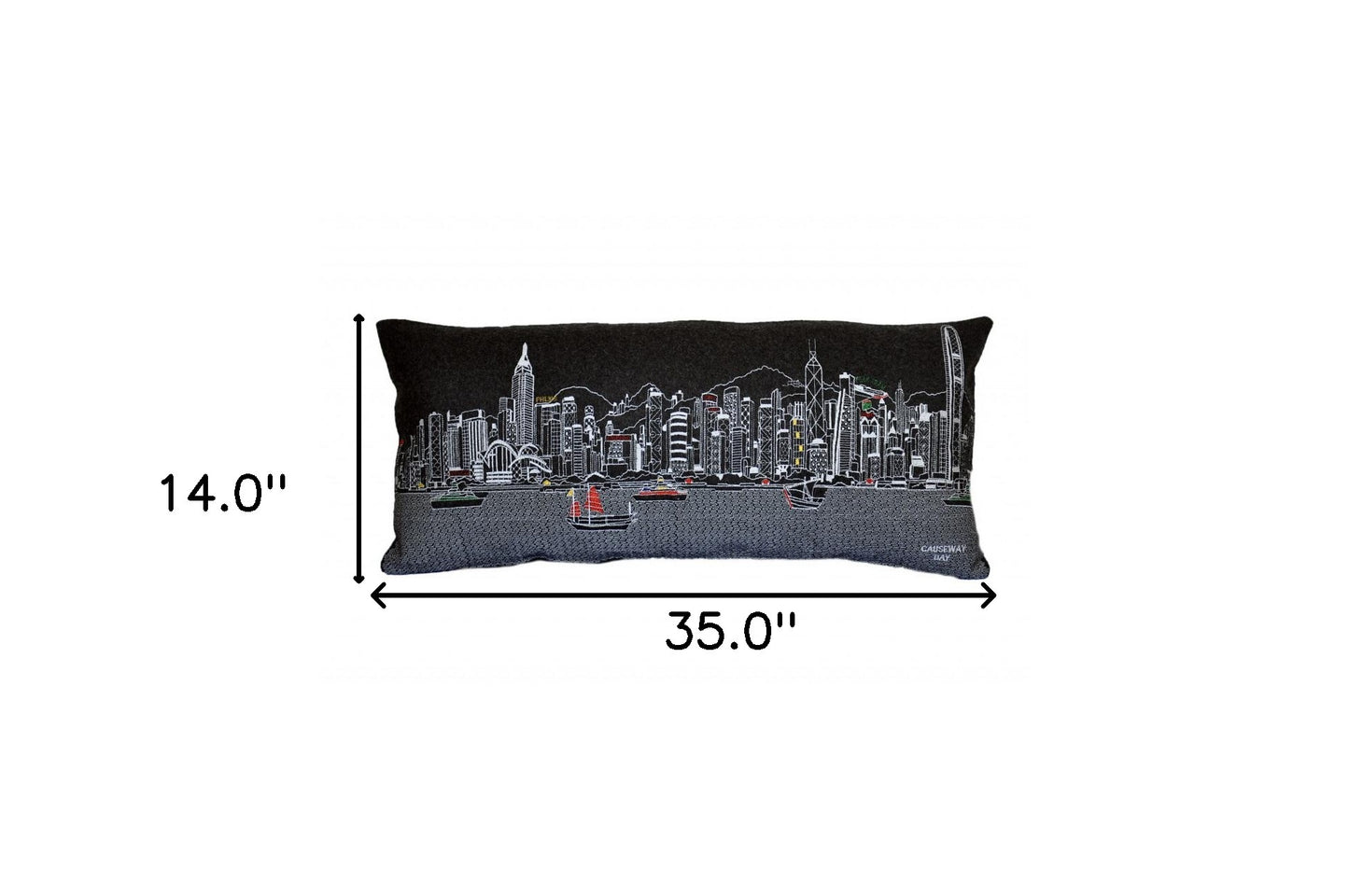 35" Black Hong Kong Nighttime Skyline Lumbar Decorative Pillow