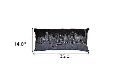 35" Black Hong Kong Nighttime Skyline Lumbar Decorative Pillow