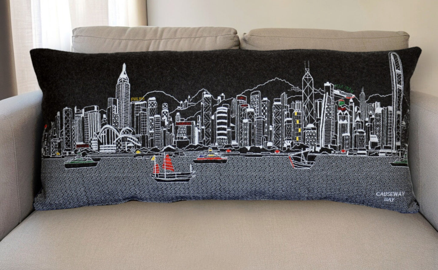 35" Black Hong Kong Nighttime Skyline Lumbar Decorative Pillow