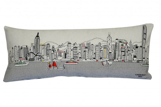 35" White Hong Kong Daylight Skyline Lumbar Decorative Pillow