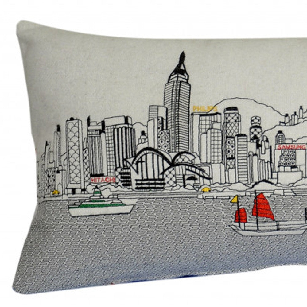 35" White Hong Kong Daylight Skyline Lumbar Decorative Pillow