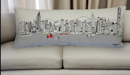 35" White Hong Kong Daylight Skyline Lumbar Decorative Pillow