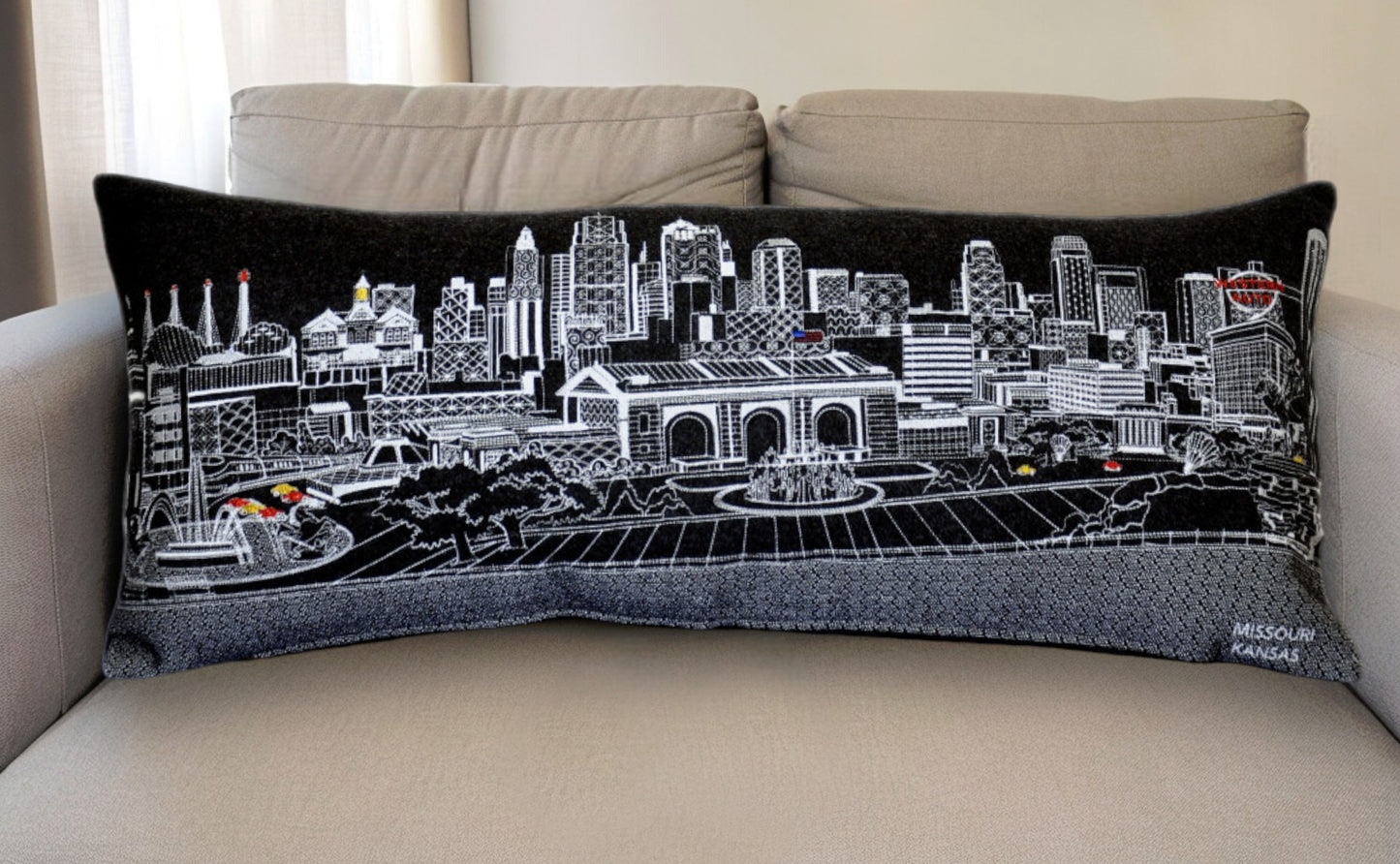 35" Black Kansas City Nighttime Skyline Lumbar Decorative Pillow