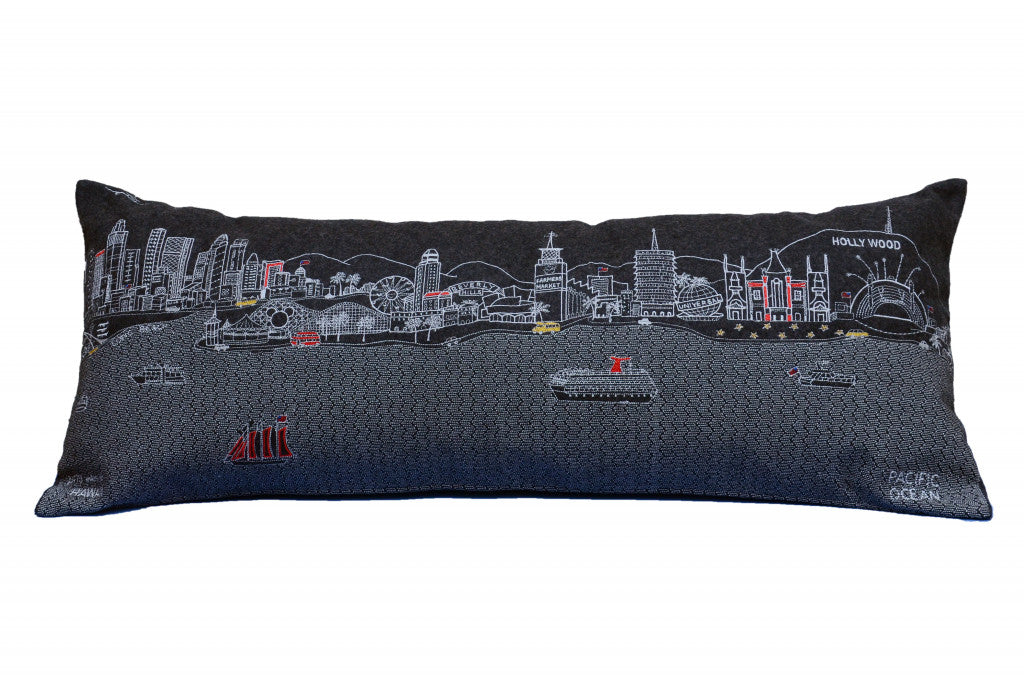 35" Black Los Angeles Nighttime Skyline Lumbar Decorative Pillow