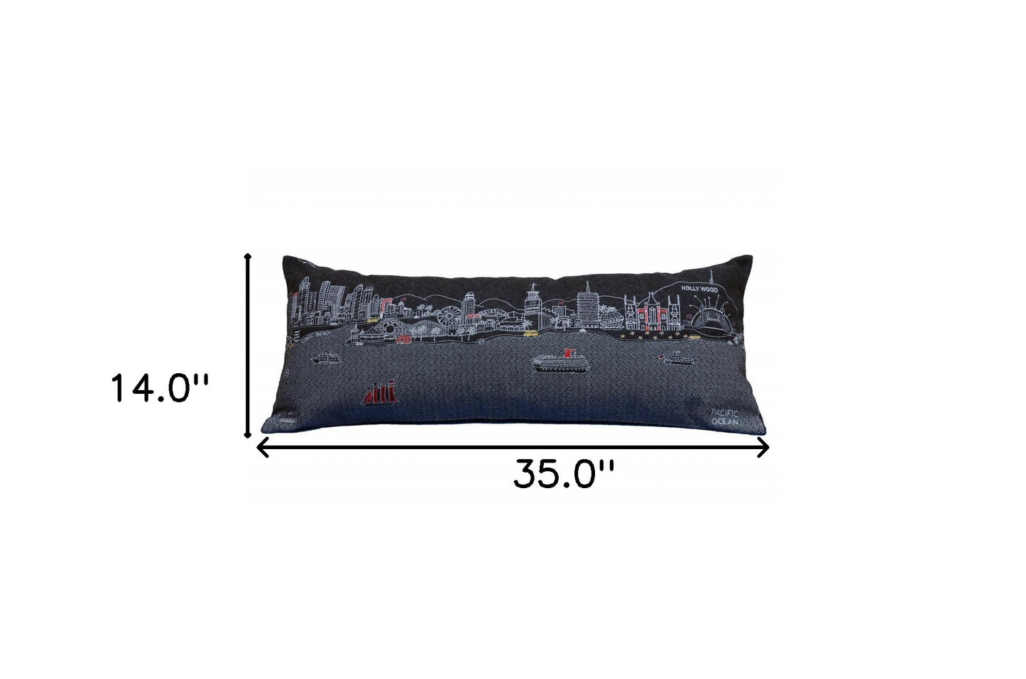 35" Black Los Angeles Nighttime Skyline Lumbar Decorative Pillow