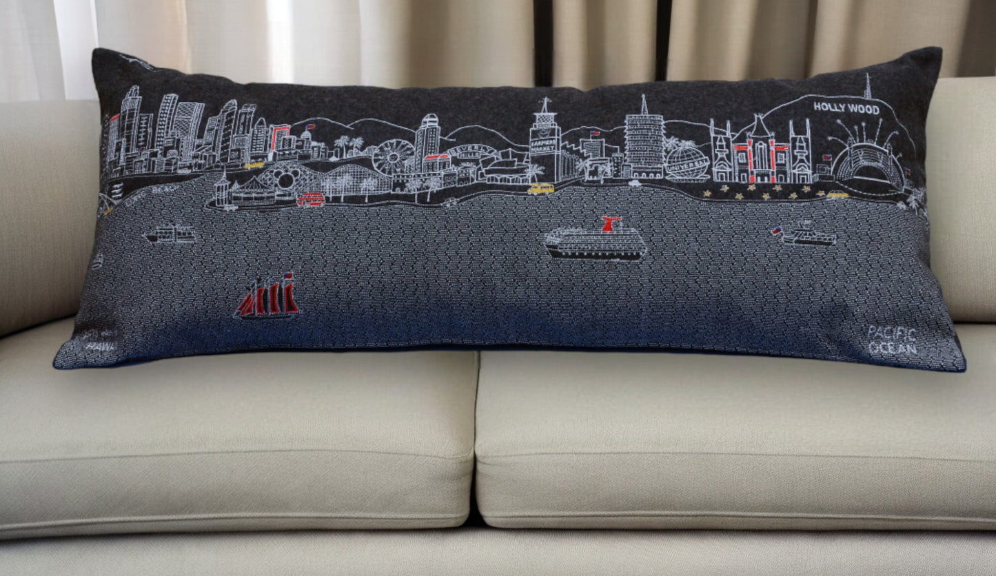 35" Black Los Angeles Nighttime Skyline Lumbar Decorative Pillow