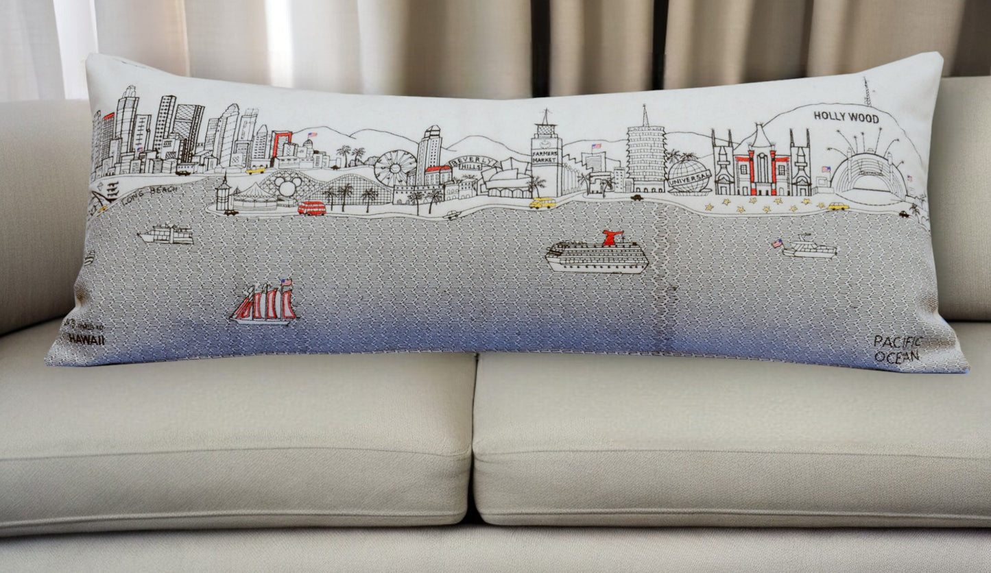 35" White Los Angeles Daylight Skyline Lumbar Decorative Pillow