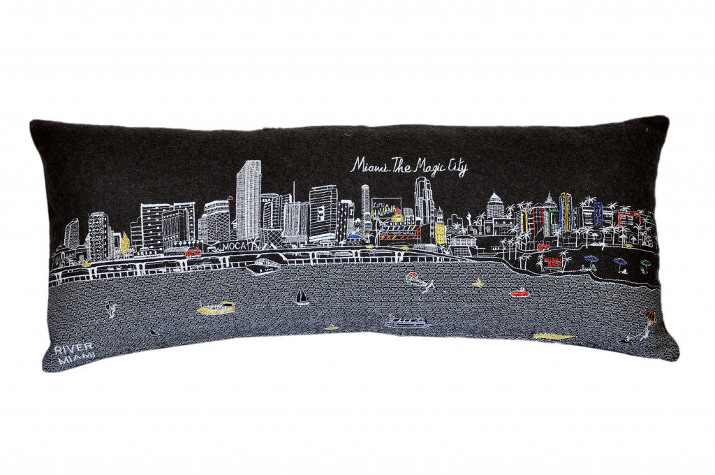 35" Black Miami Nighttime Skyline Lumbar Decorative Pillow