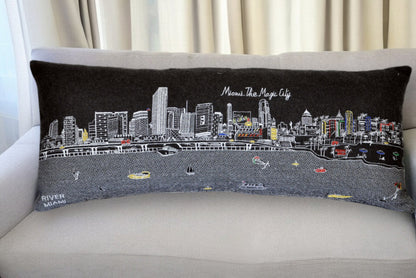 35" Black Miami Nighttime Skyline Lumbar Decorative Pillow