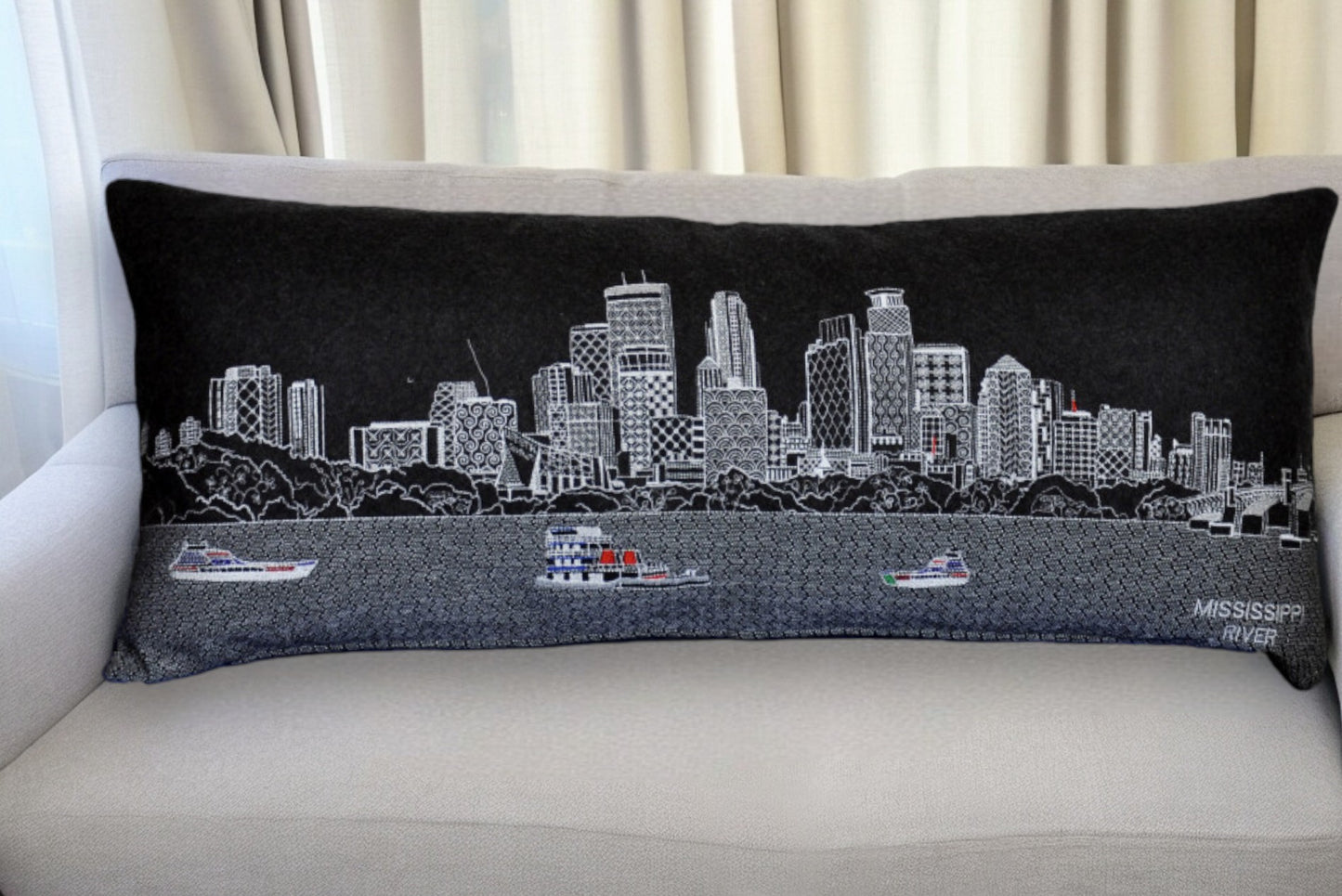 35" Black Minneapolis Nighttime Skyline Lumbar Decorative Pillow