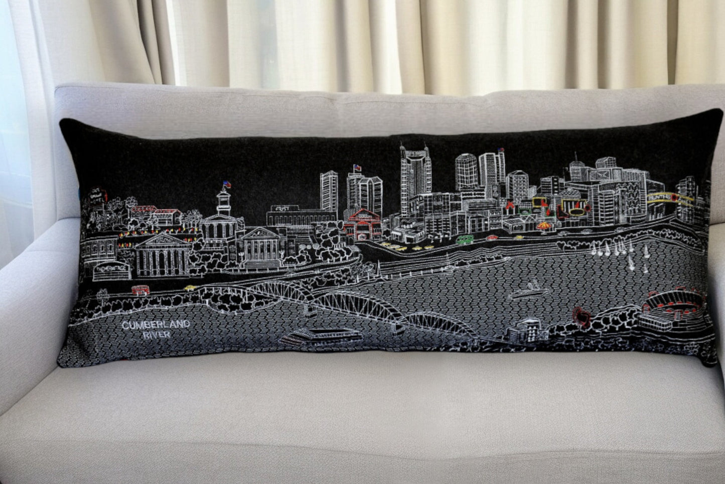 35" Black Nashville Nighttime Skyline Lumbar Decorative Pillow