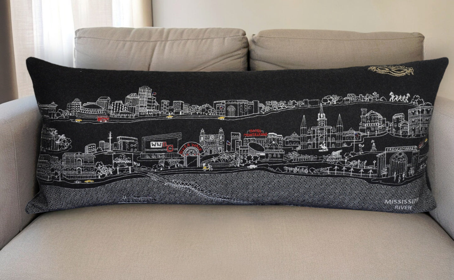 35" Black New Orleans Nighttime Skyline Lumbar Decorative Pillow