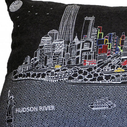 35" Black NYC Nighttime Skyline Lumbar Decorative Pillow