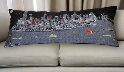 35" Black NYC Nighttime Skyline Lumbar Decorative Pillow