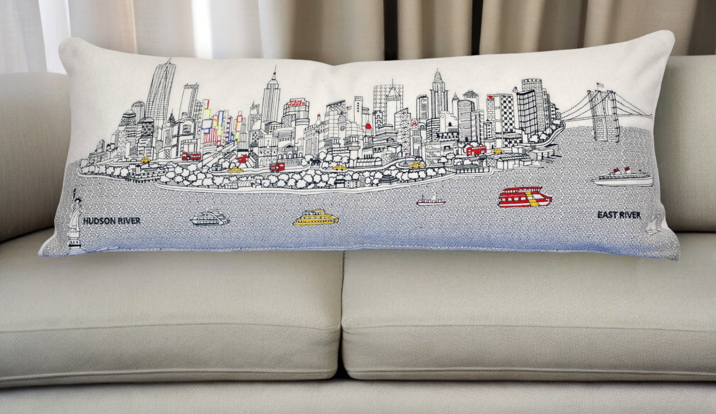 35" White NYC Daylight Skyline Lumbar Decorative Pillow