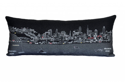 35" Black Philadelphia Nighttime Skyline Lumbar Decorative Pillow