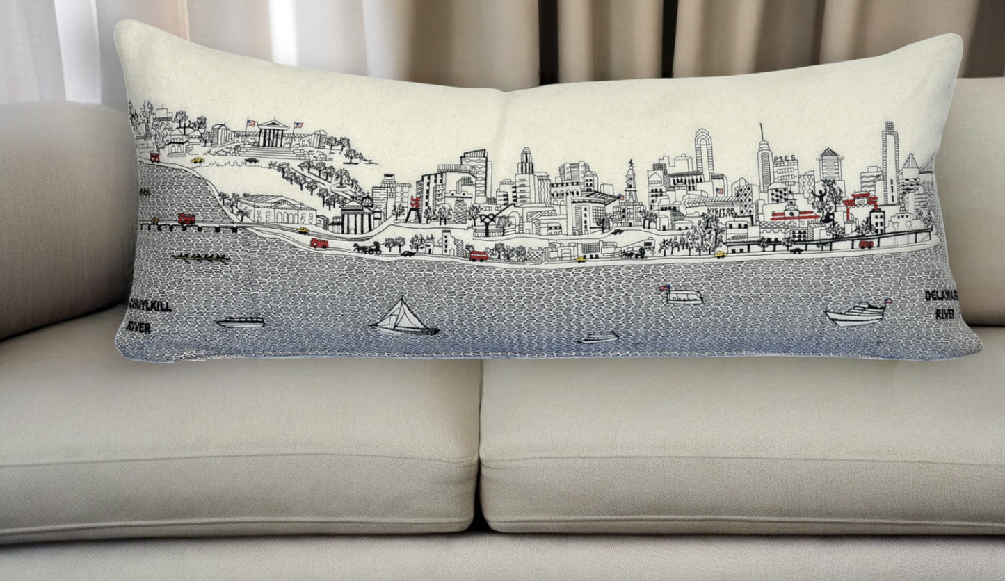 35" White Philadelphia Daylight Skyline Lumbar Decorative Pillow