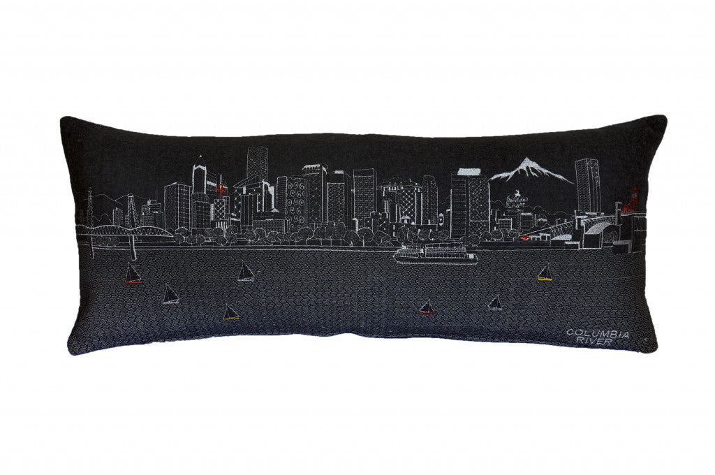 35" Black Portland Nighttime Skyline Lumbar Decorative Pillow