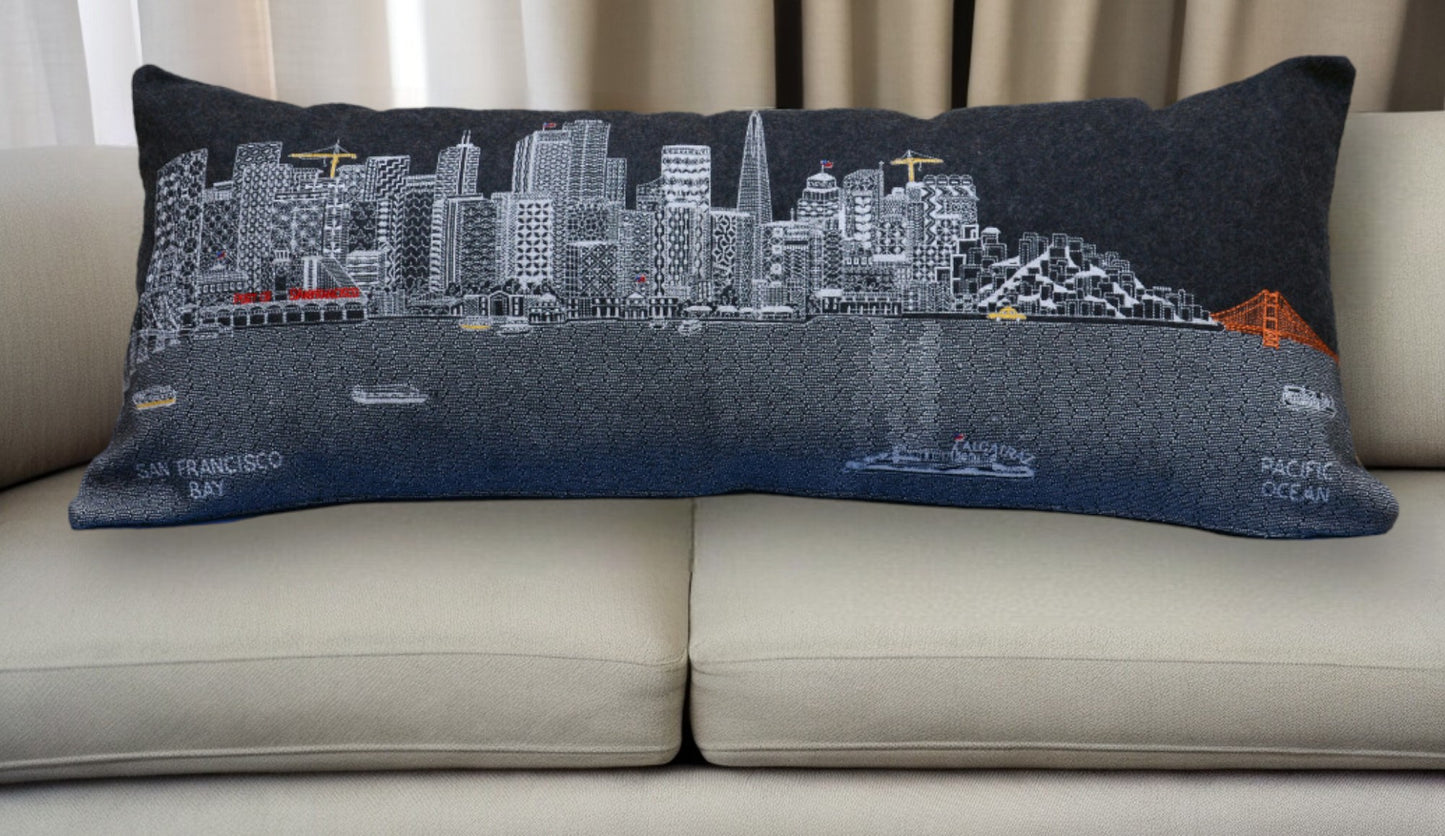 35" Black San Francisco Nighttime Skyline Lumbar Decorative Pillow