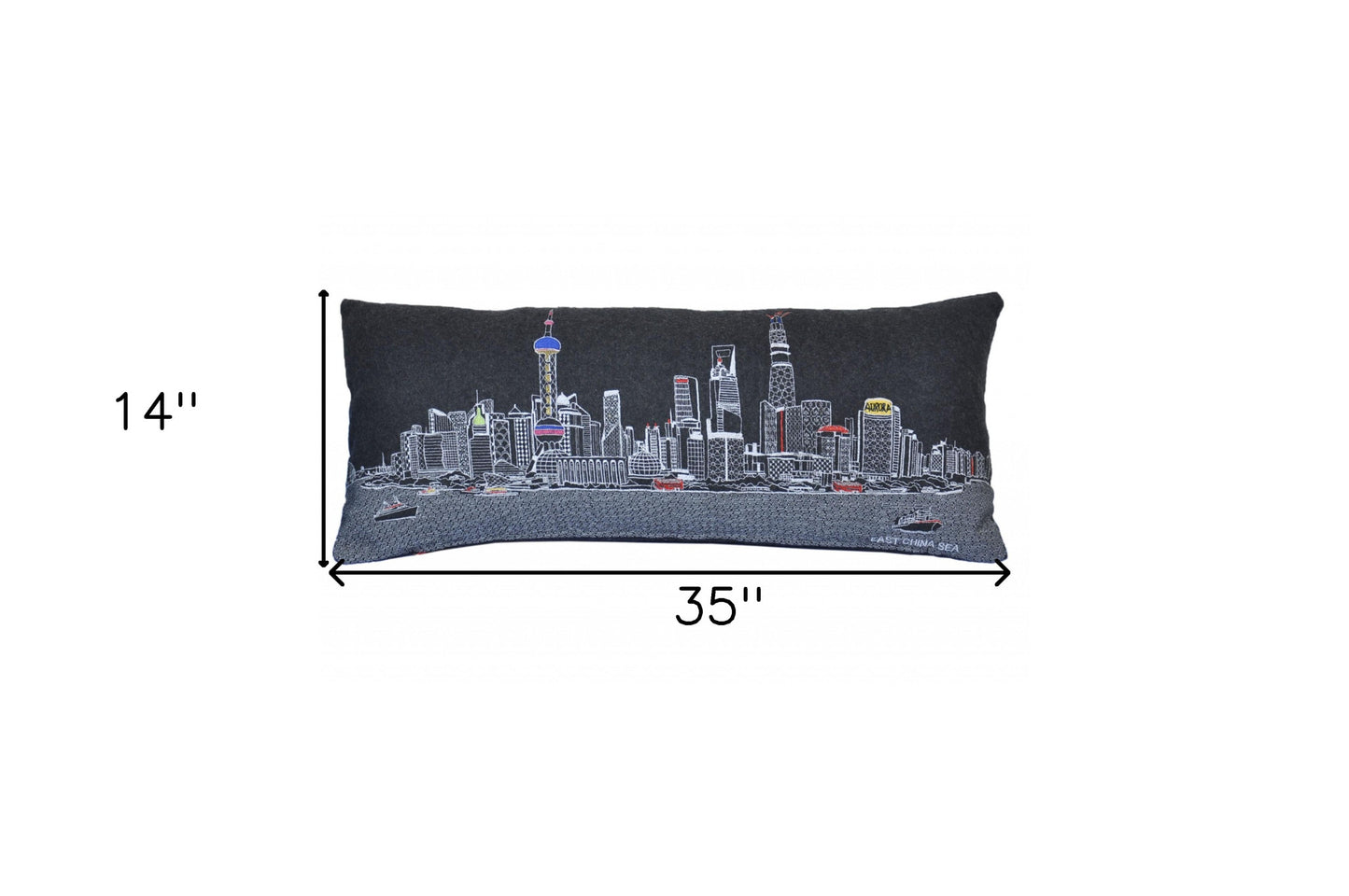 35" Black Shanghai Nighttime Skyline Lumbar Decorative Pillow