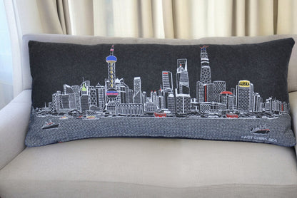 35" Black Shanghai Nighttime Skyline Lumbar Decorative Pillow