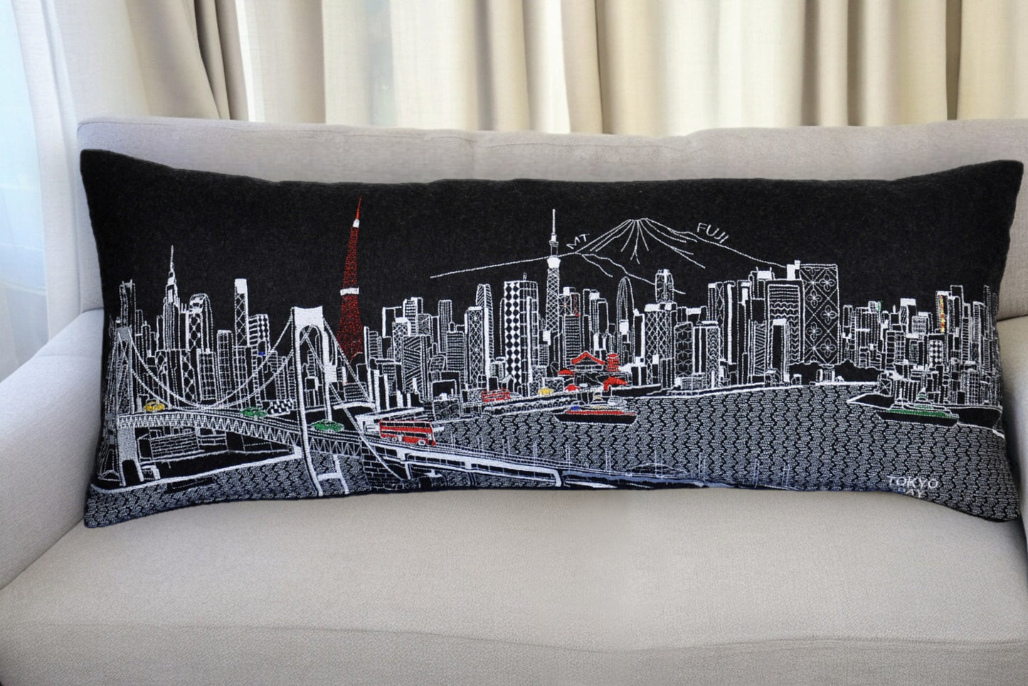 35" Black Tokyo Nighttime Skyline Lumbar Decorative Pillow