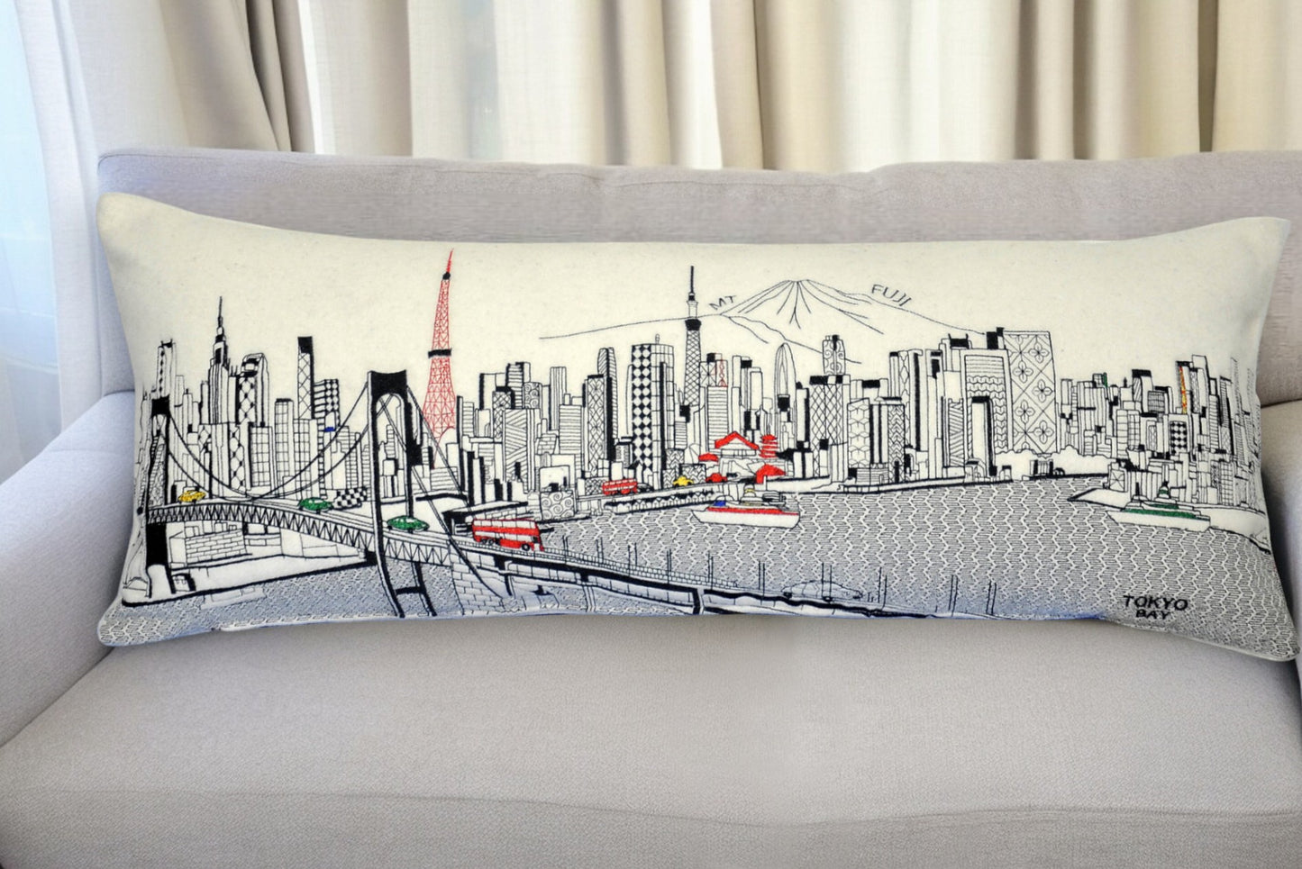 35" White Tokyo Daylight Skyline Lumbar Decorative Pillow